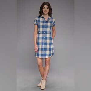 Pendleton Women's S Plaid Button Dress Short Sleeve Tan Blue Portland Collection